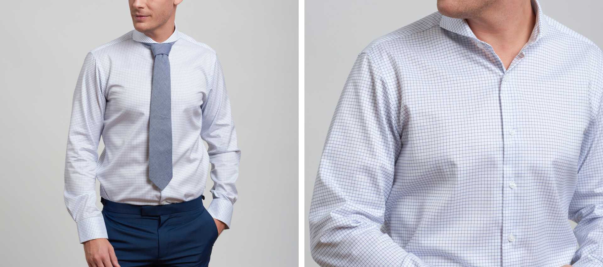 model wearing extreme cutaway collar non-iron grid shirt in blue with and without tie
