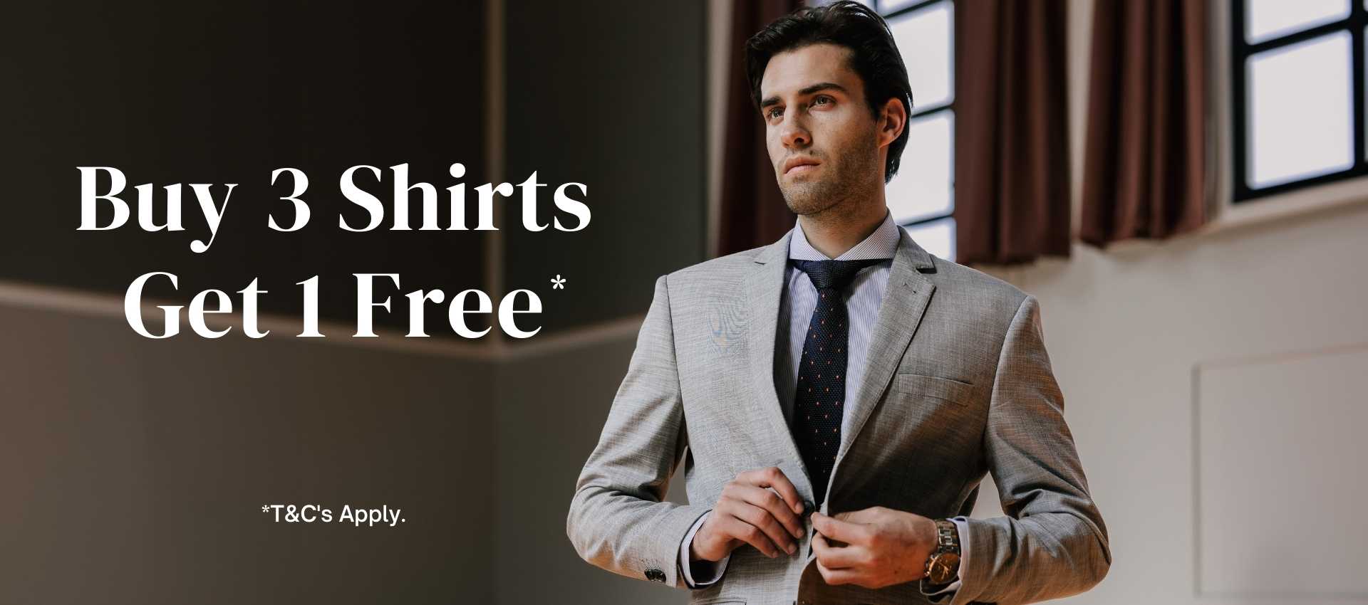 All Dress Shirts for Men from Dandy & Son. Image of man wearing a Extreme cutaway collar shirt with classic blue and white thin stripes from Dandy & Son. With a grey suit and navy tie