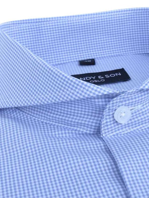 extreme cutaway collar dress shirt in a light blue grid print close up of collar