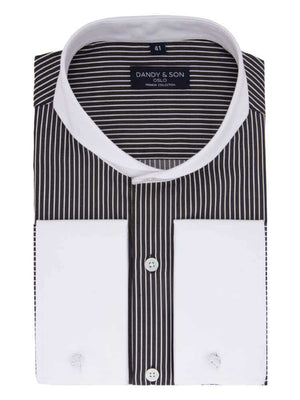 Extreme cutaway collar black pinstripe non iron contrast shirt french cuff flat lay