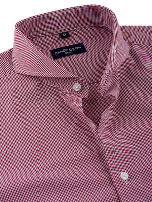 Dandy & Son Extreme Cutaway shirt in burgundy grid cotton unbuttoned
