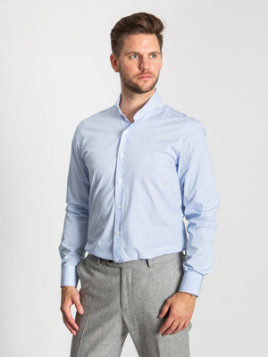 Extreme Cutaway Collar Classic Blue Striped Shirt On Model No Tie
