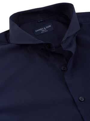 Dandy & Son Extreme Cutaway shirt in navy non-iron flat unbuttoned close up