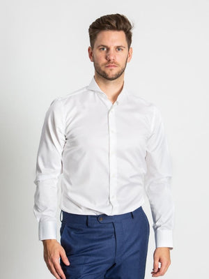 Model wearing extreme cutaway collar white shirt