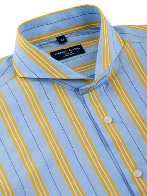 Limited Edition Extreme Cutaway Collar Blue With Yellow Stripes Shirt Close Up Unbuttoned