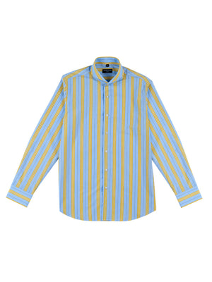 Limited Edition Extreme Cutaway Collar Blue With Yellow Stripes Shirt Opened Shirt Flat Lay