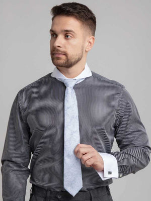 Extreme cutaway collar black pinstripe non iron contrast shirt french cuff on model with tie