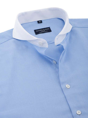 Dandy & Son Extreme Cutaway Collar shirt in blue with contrast collar flat lay close up unbuttoned