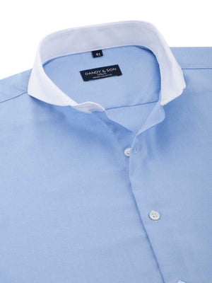 Dandy & Son Extreme Cutaway Collar shirt in blue with french cuffs premium flat lay unbuttoned