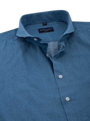 Dandy & Son Extreme Cutaway collar shirt in denim fabric light blue unbuttoned