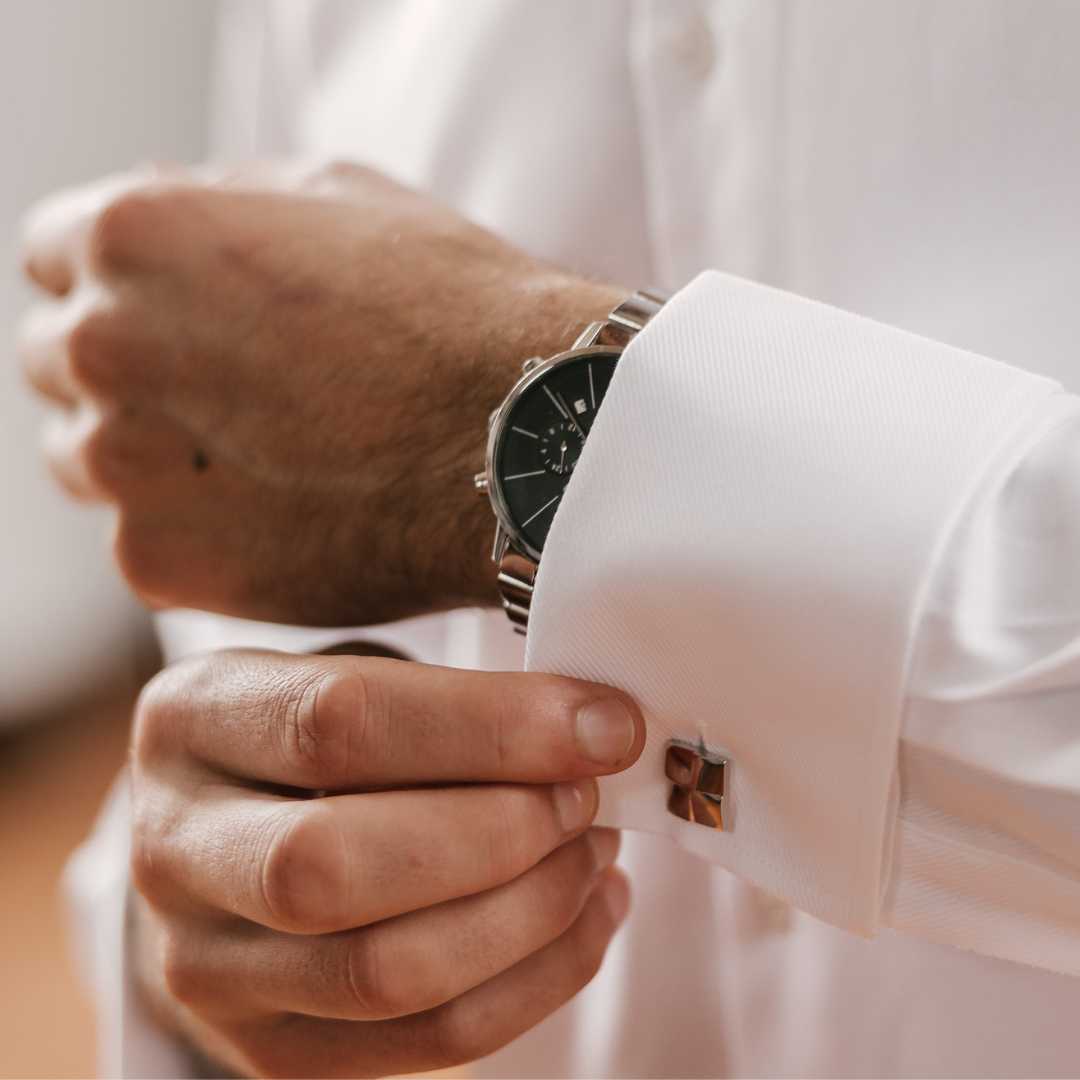 model close up of french cuff dandy and son shirt with cufflink