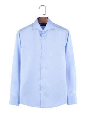 Dandy & Son Cutaway Collar shirt in non-iron cotton blue flat lay whole shirt