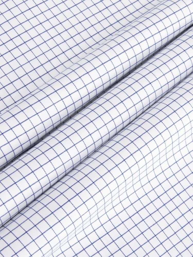 Dandy &amp; Son Extreme cutaway collar non iron blue grid shirt flat lay close up fabric