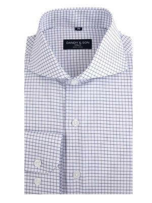 Extreme cutaway collar non iron blue grid shirt flat lay close up