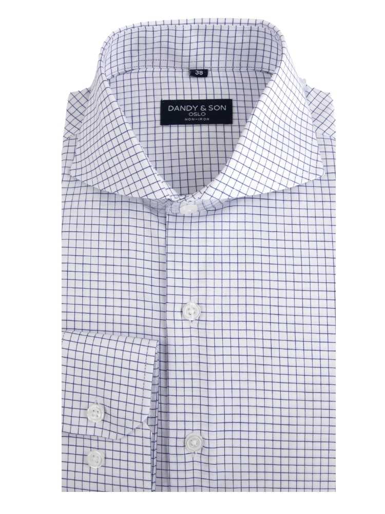 Extreme cutaway collar non iron blue grid shirt flat lay close up