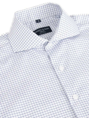 Extreme cutaway collar non iron blue grid shirt flat lay close up