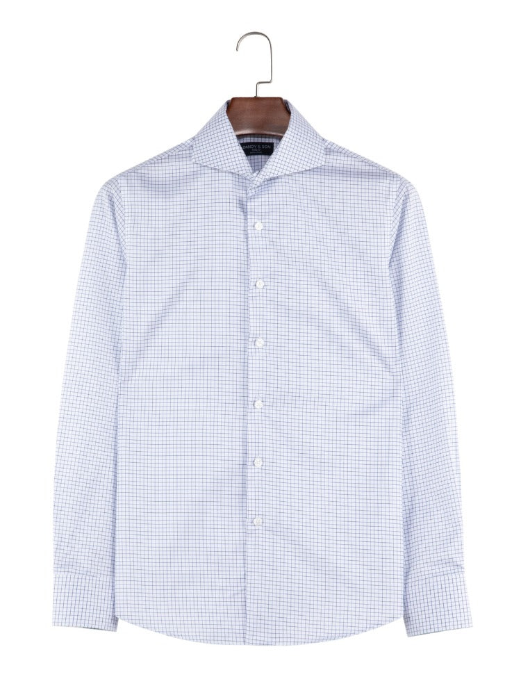 Dandy &amp; Son Extreme cutaway collar non iron blue grid shirt flat lay close up