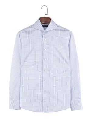 Dandy & Son Extreme cutaway collar non iron blue grid shirt flat lay close up