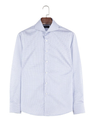 Dandy & Son Extreme cutaway collar non iron blue grid shirt flat lay close up