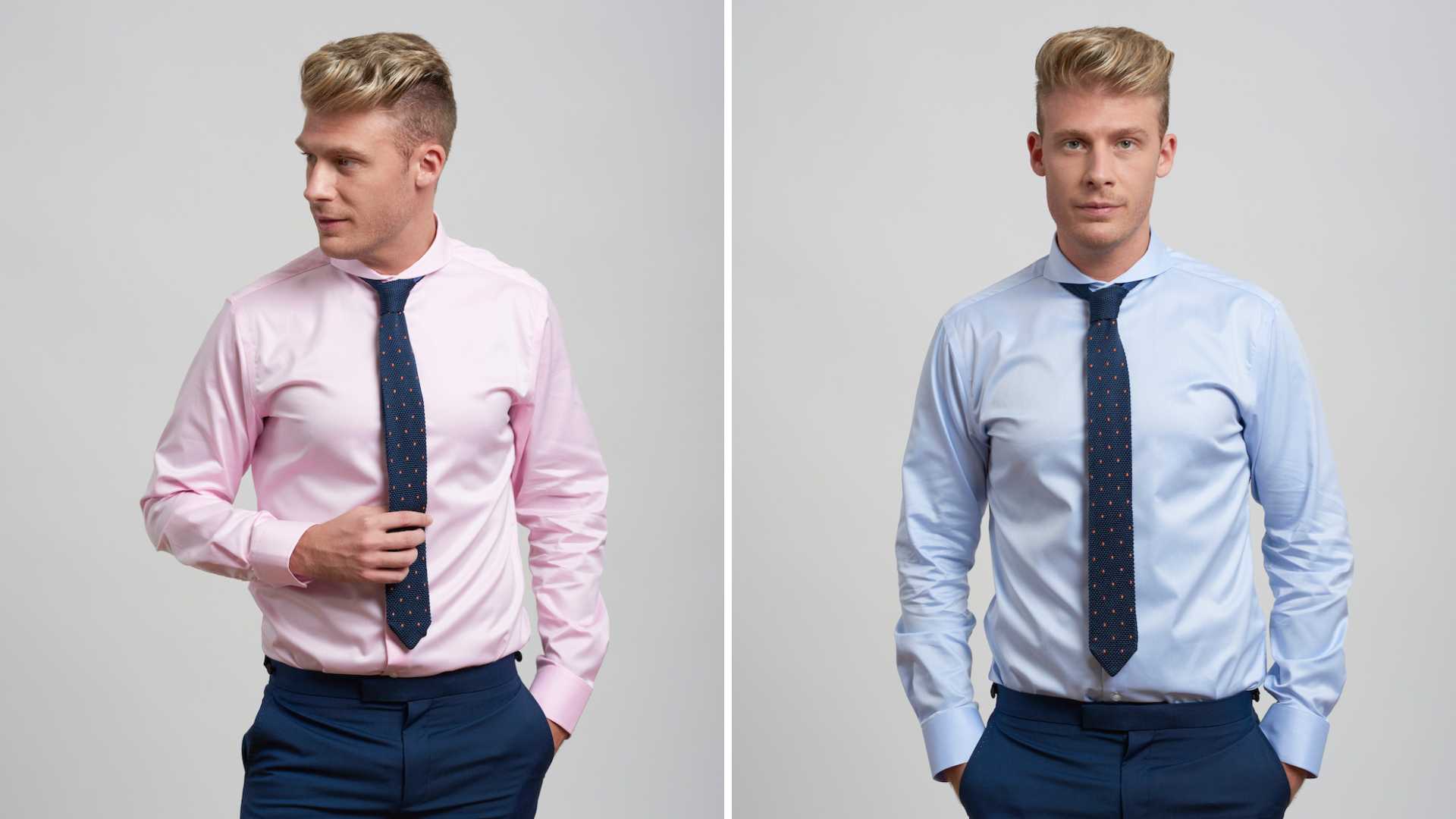 Model wearing non iron extreme cutaway collar shirt with ties