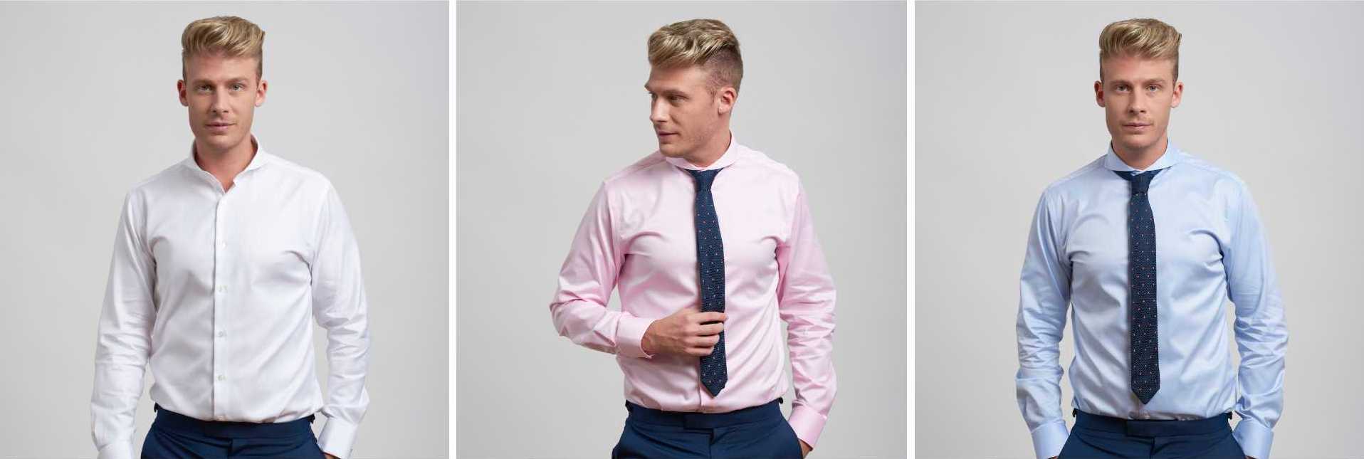 Models wearing pink, blue and white extreme cutaway collar shirts from Dandy and Son
