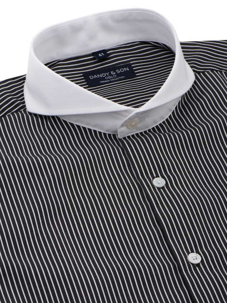 Extreme cutaway collar black pinstripe non iron contrast shirt french cuff flat lay