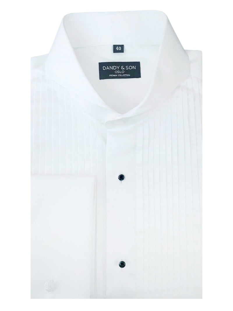 Dandy and Son extreme cutaway collar tuxedo dress shirt white flat lay