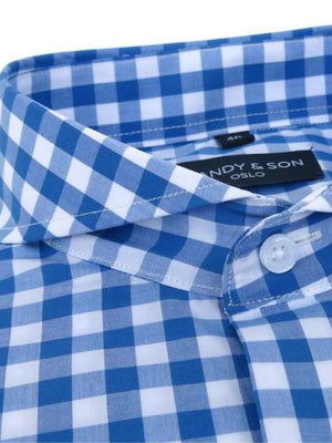 Dandy & Son Extreme Cutaway collar shirt in blue big gingham style close up of fabric