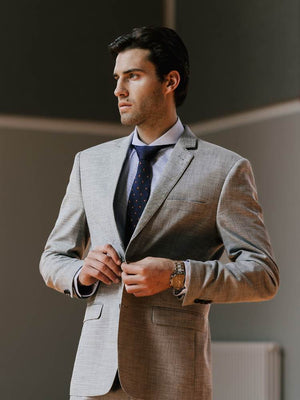 Extreme Cutaway Collar Classic Blue Striped Shirt On Model With Tie And  Suit Jacket Zoomed Out