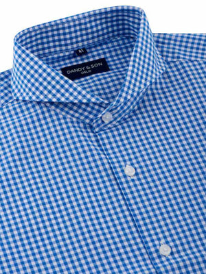 Close up of extreme cutaway collar blue gingham shirt
