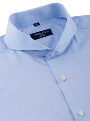 extreme cutaway collar shirt in a light blue non iron fabric side on flat lay