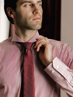 Dandy & Son Extreme Cutaway collar shirt in red striped cotton close up with tie