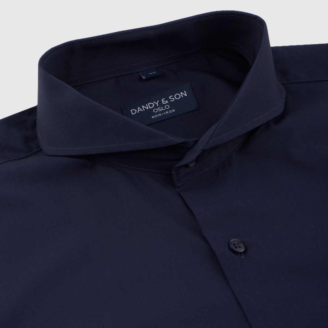 Extreme cutaway collar shirt flat lay in navy non iron