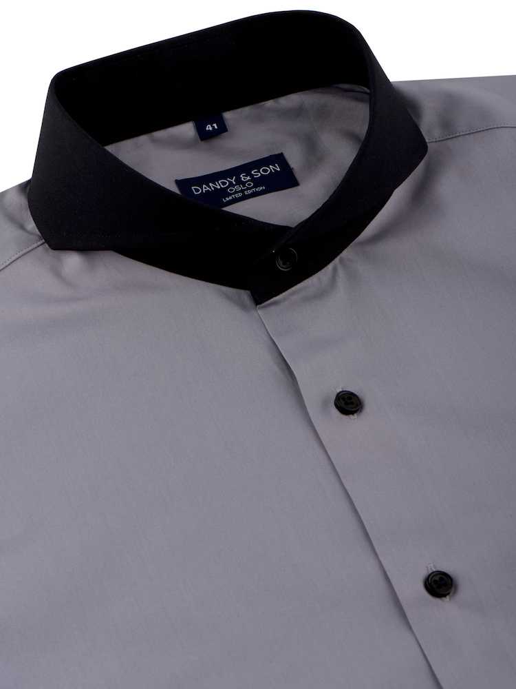 Limited Edition Extreme Cutaway Collar Grey With Black Contrast Men&#39;s Dress Shirt Flat Lay Side View