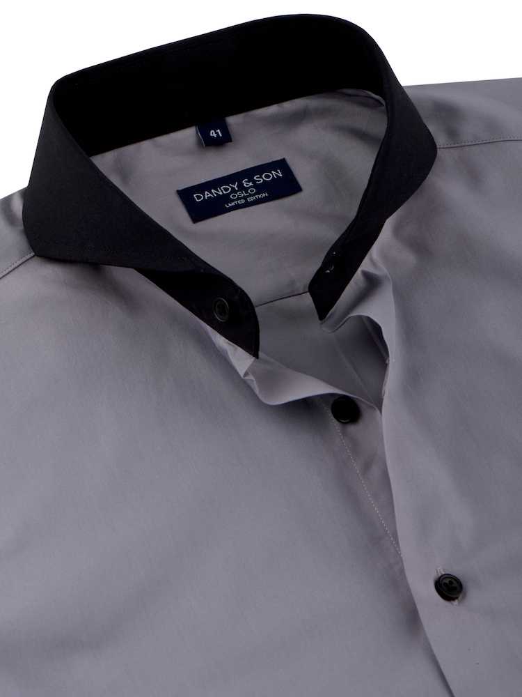 Limited Edition Extreme Cutaway Collar Grey With Black Contrast Men&#39;s Dress Shirt Flat Lay Side View Open Button