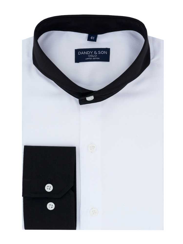Limited Edition Extreme Cutaway Collar White With Black Contrast Men&#39;s Dress Shirt Flat Lay
