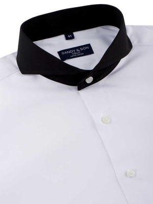 Limited Edition Extreme Cutaway Collar White With Black Contrast Men's Dress Shirt Flat Lay Close Up Side Profile