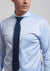 Model wearing extreme cutaway collar blue dress shirt in non iron fabric with tie