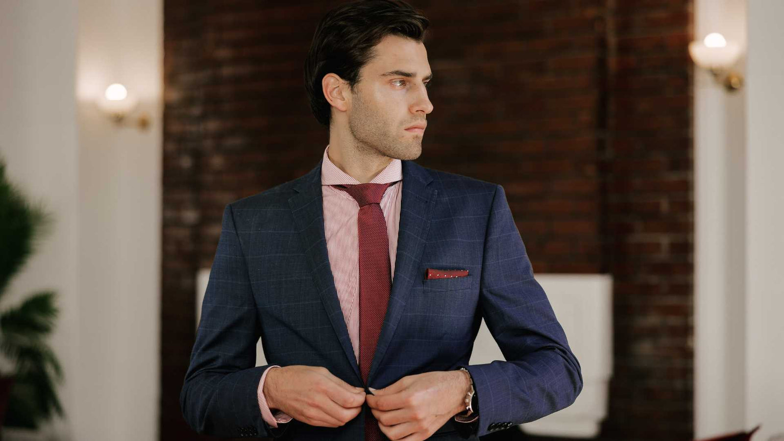 model wearing red stripe extreme cutaway collar dress shirt