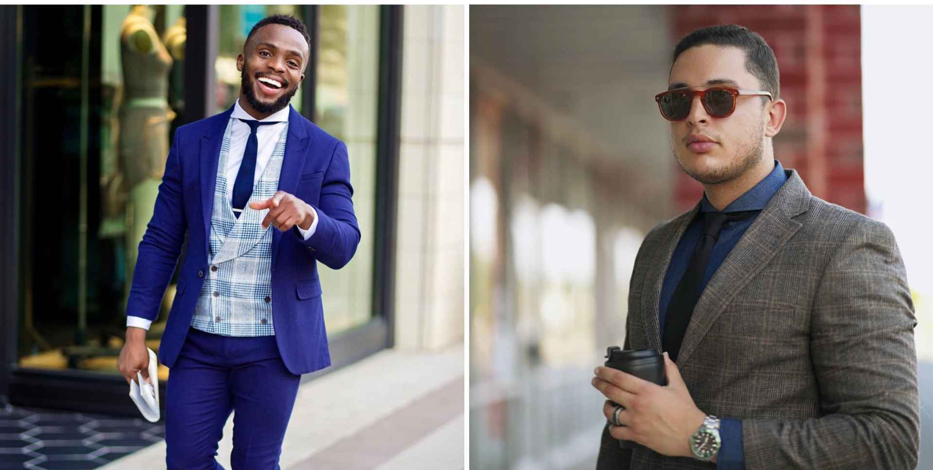 Models wearing a white and denim extreme cutaway collar shirt 