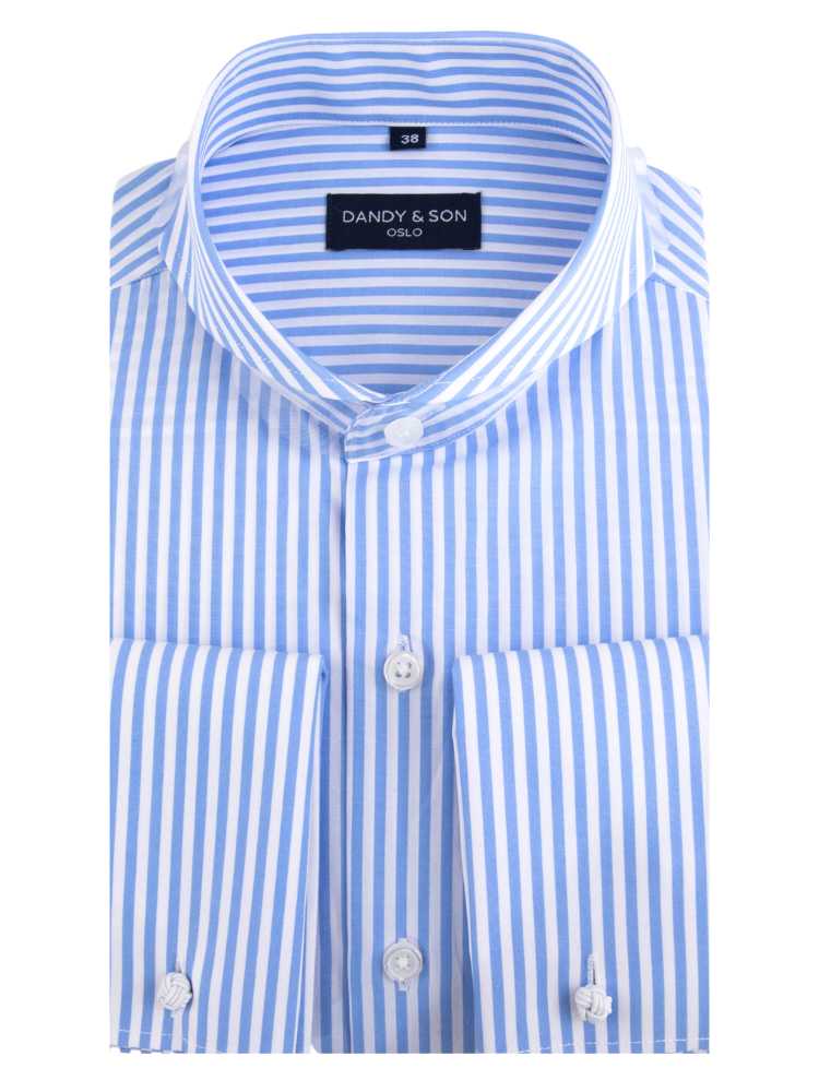 Dandy &amp; Son Extreme Cutaway Collar shirt in big blue stripes and french cuffs flat lay 