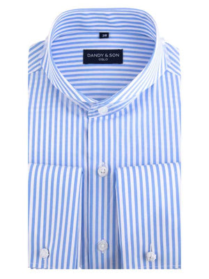 Dandy & Son Extreme Cutaway Collar shirt in big blue stripes and french cuffs flat lay 