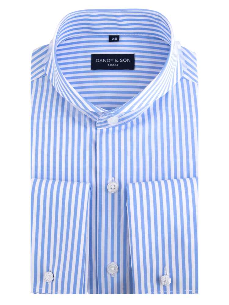 Dandy & Son Extreme Cutaway Collar shirt in big blue stripes and french cuffs flat lay 