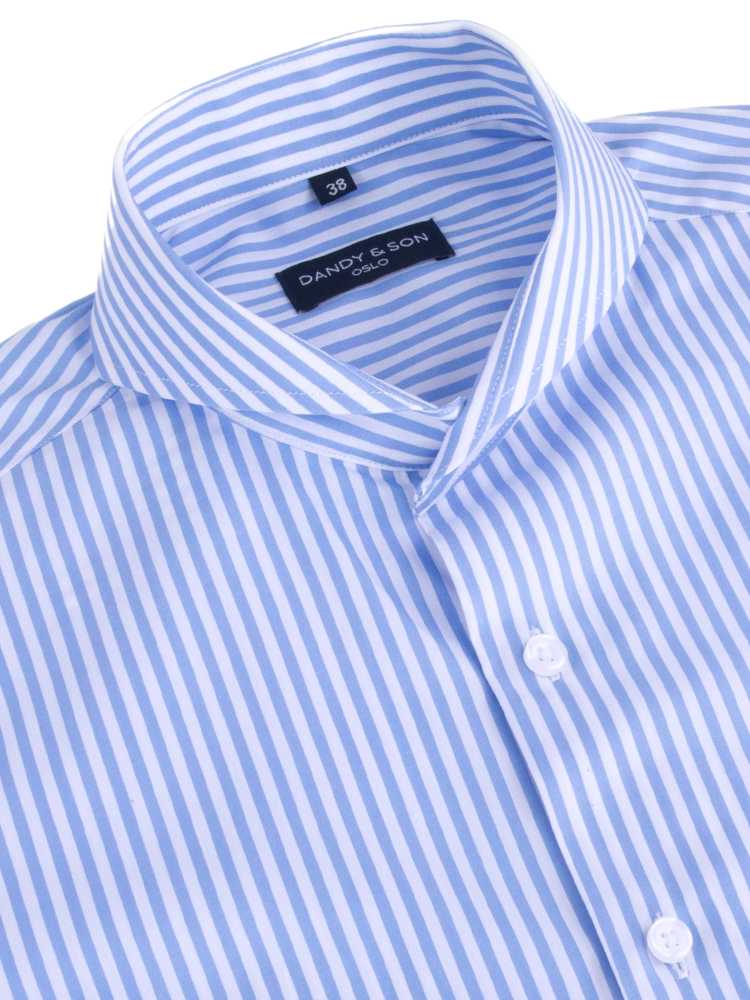 Dandy &amp; Son Extreme Cutaway Collar shirt in big blue stripes and french cuffs flat lay side view