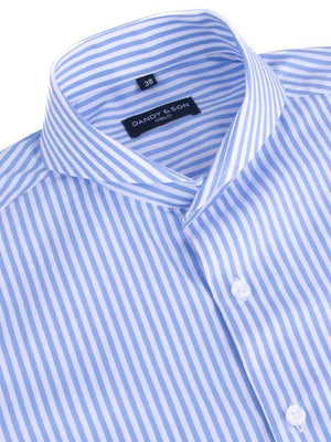 Dandy & Son Extreme Cutaway Collar shirt in big blue stripes and french cuffs flat lay side view