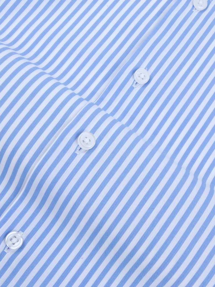 Dandy &amp; Son Extreme Cutaway Collar shirt in big blue stripes and french cuffs flat lay close up buttons