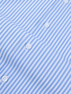 Dandy & Son Extreme Cutaway Collar shirt in big blue stripes and french cuffs flat lay close up buttons