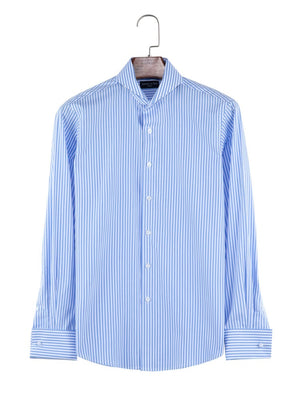 Dandy & Son Extreme Cutaway Collar shirt in big blue stripes and french cuffs flat lay opened