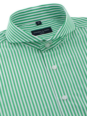 flat lay of extreme cutaway collar shirt big lime green stripe shirt