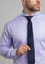 Model wearing extreme cutaway collar purple dress shirt in non iron fabric with tie